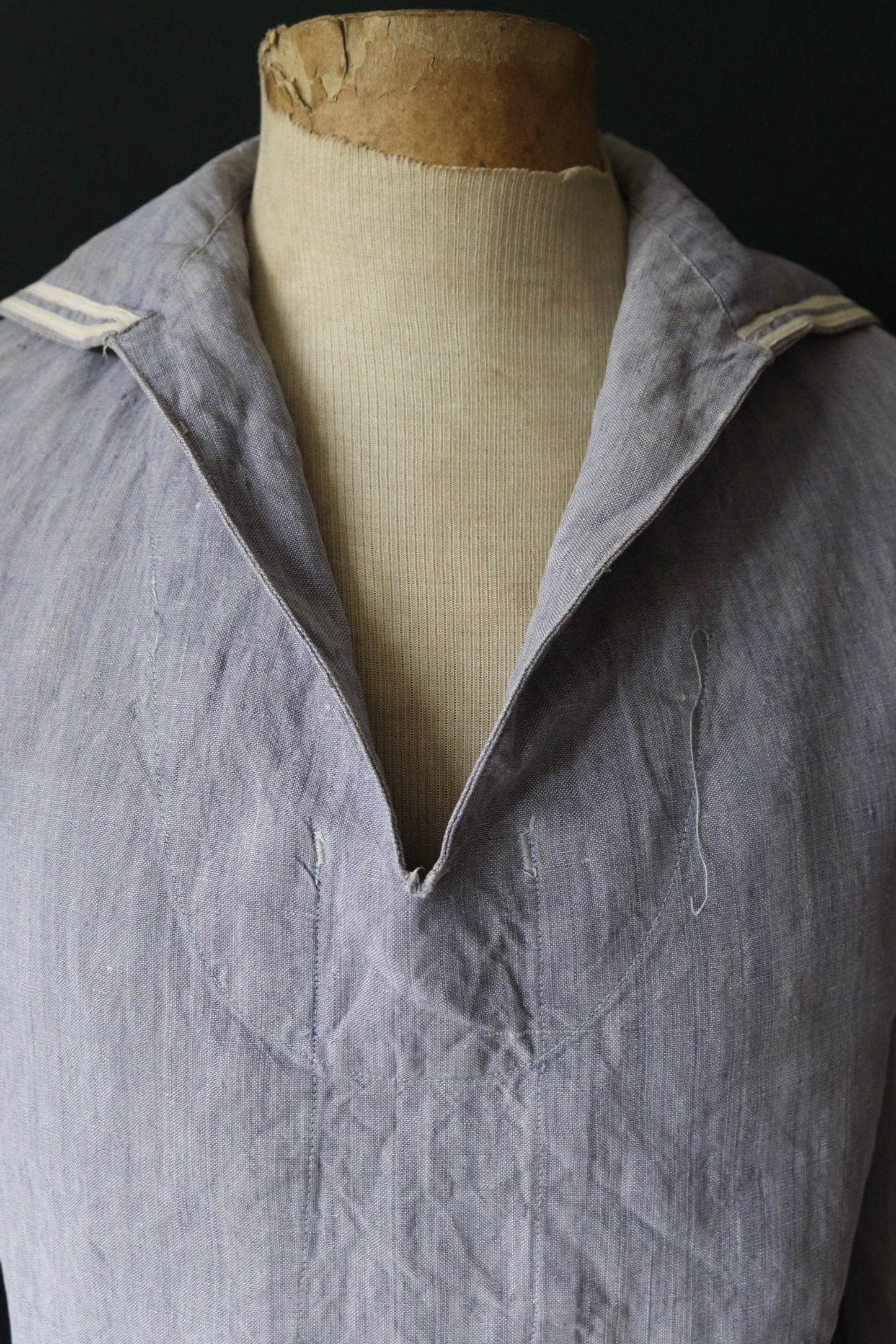 Vintage French linen shirt 1960s Marine Nationale Navy naval crackerjack bib top jumper indigo 42” chest military workwear work sailor