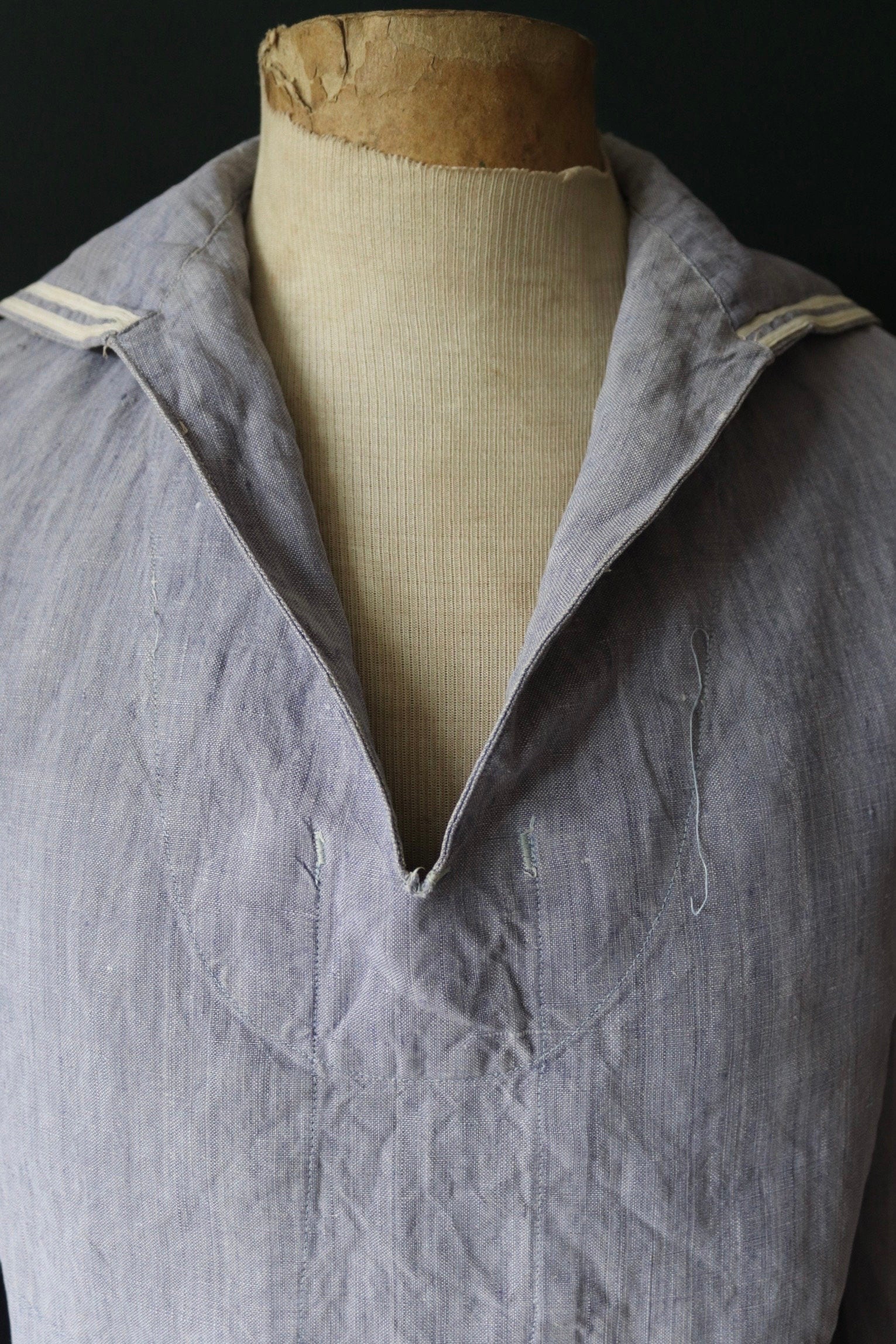 Vintage French linen shirt 1960s Marine Nationale Navy naval crackerjack bib top jumper indigo 42” chest military workwear work sailor