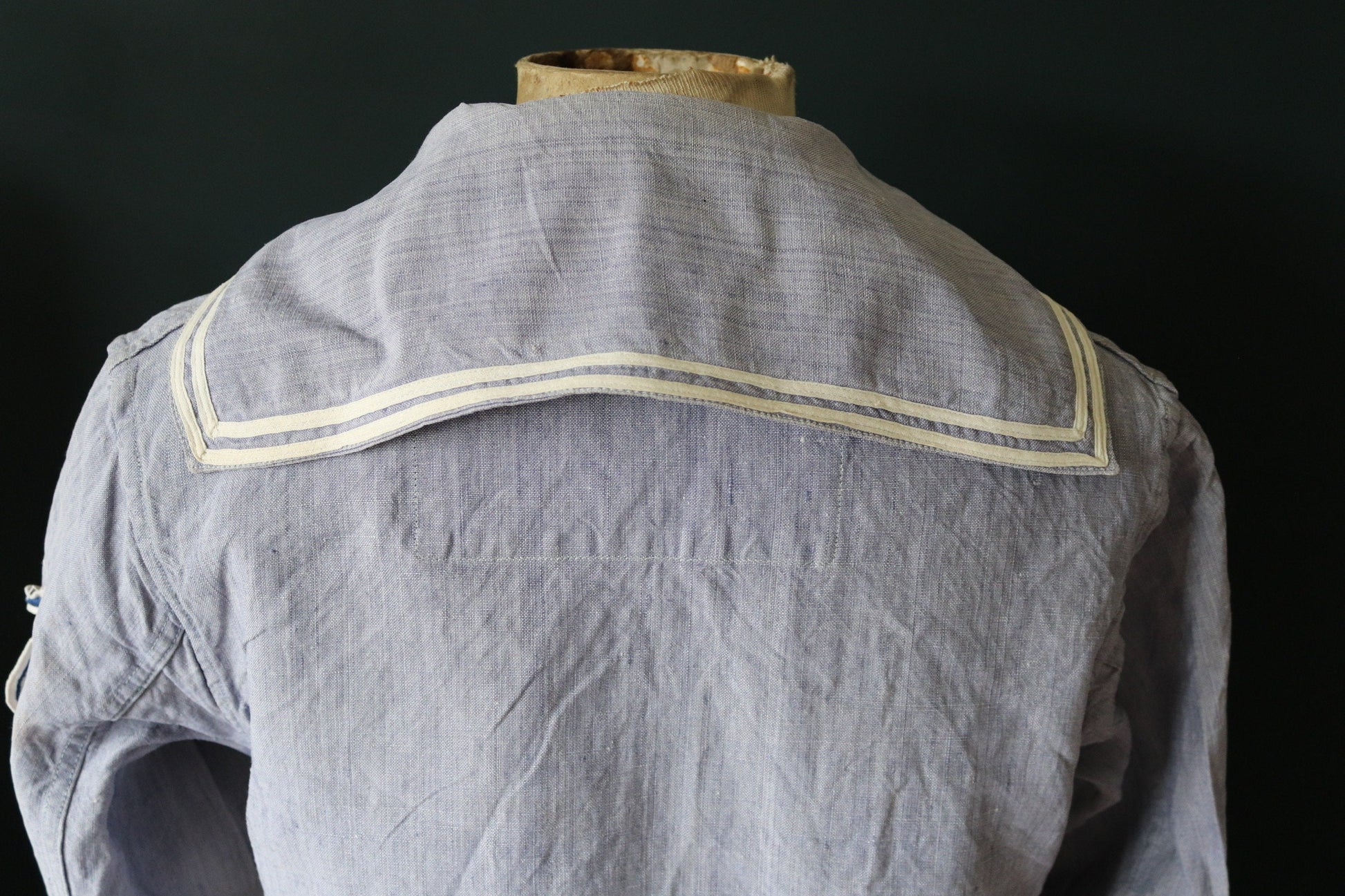 Vintage French linen shirt 1960s Marine Nationale Navy naval crackerjack bib top jumper indigo 42” chest military workwear work sailor