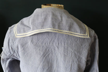 Vintage French linen shirt 1960s Marine Nationale Navy naval crackerjack bib top jumper indigo 42” chest military workwear work sailor