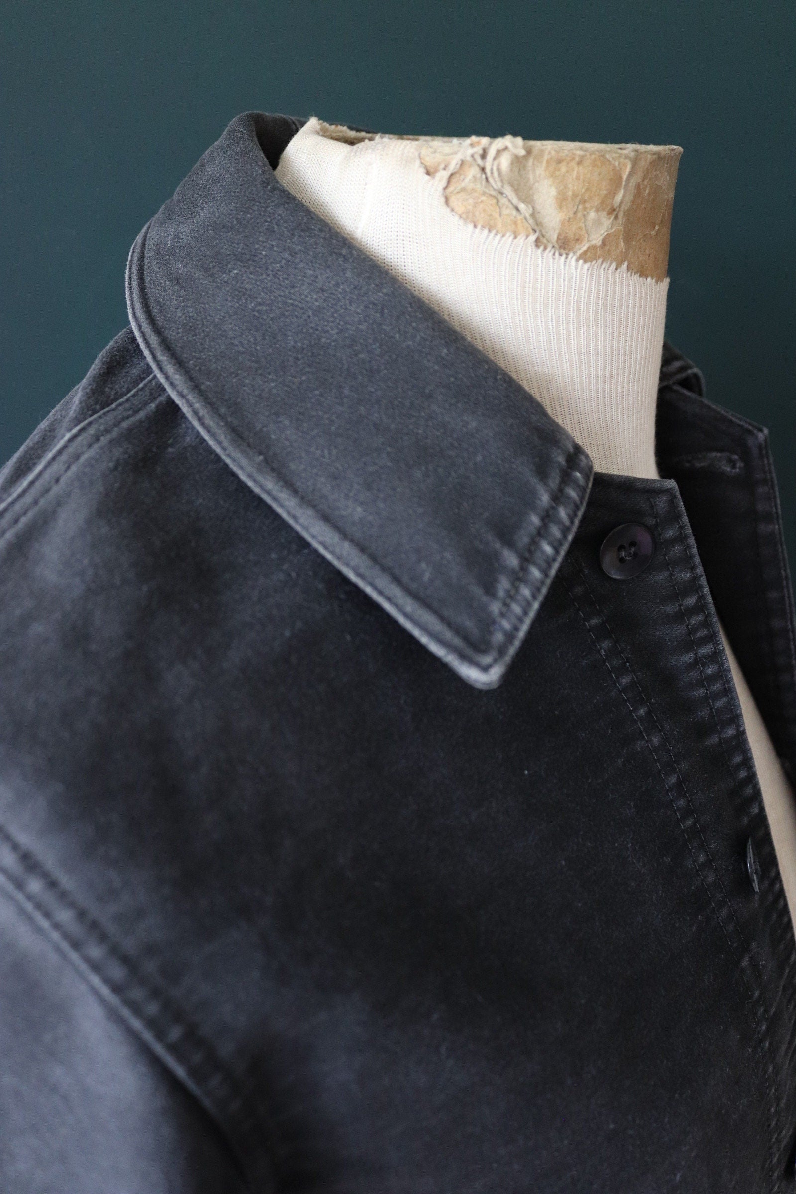 Vintage French workwear jacket black moleskin 1940s 1950s work chore darned repaired 34” chest