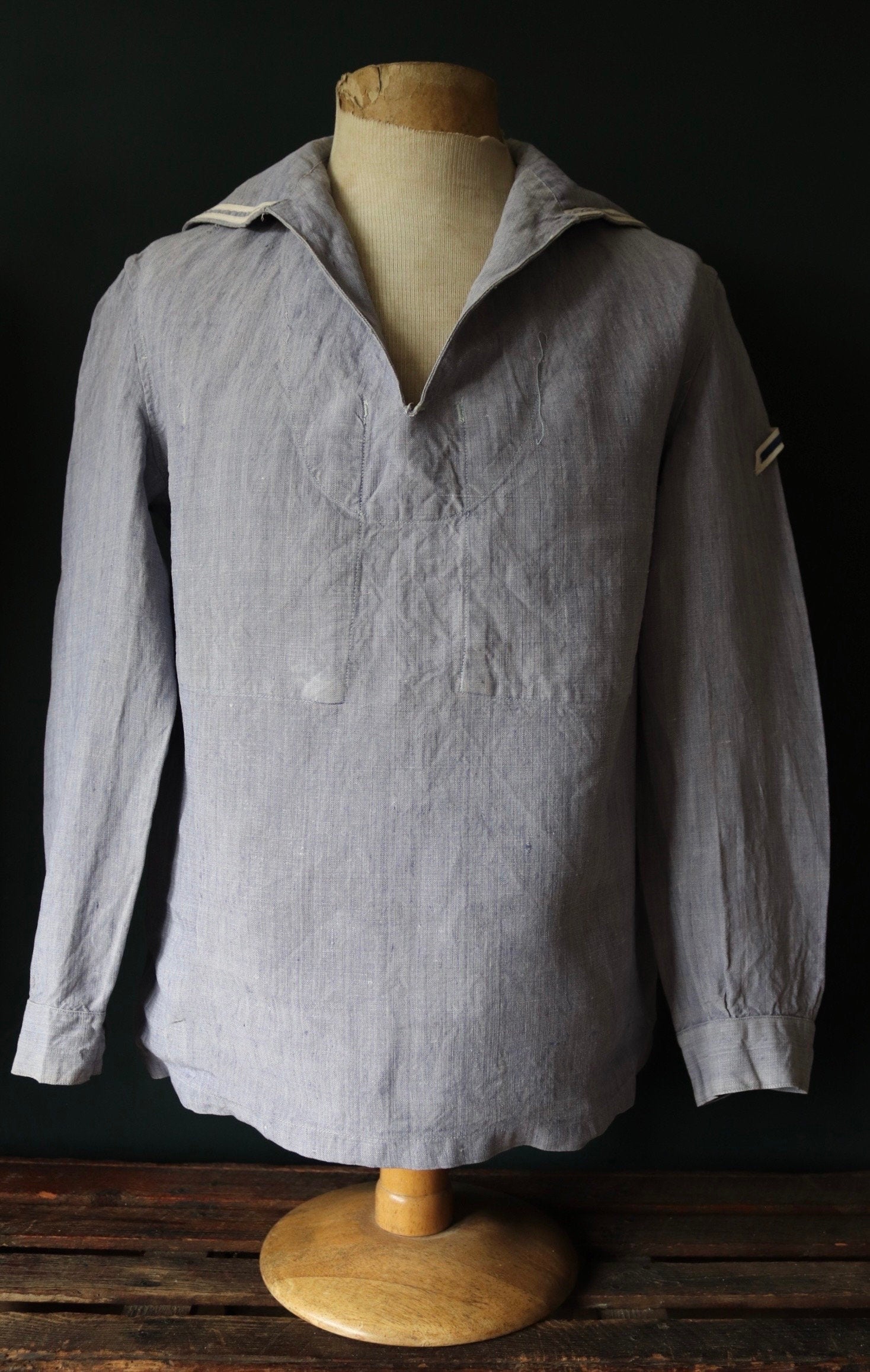 Vintage French linen shirt - 1960s Marine Nationale - Navy sailor - naval crackerjack bib top - military workwear - 42” chest - workwear