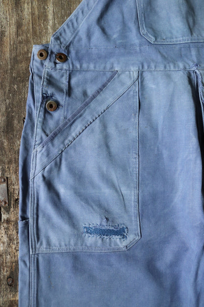 Vintage French blue workwear dungarees 1950s cotton twill overalls work chore 39” x 27” darned repaired