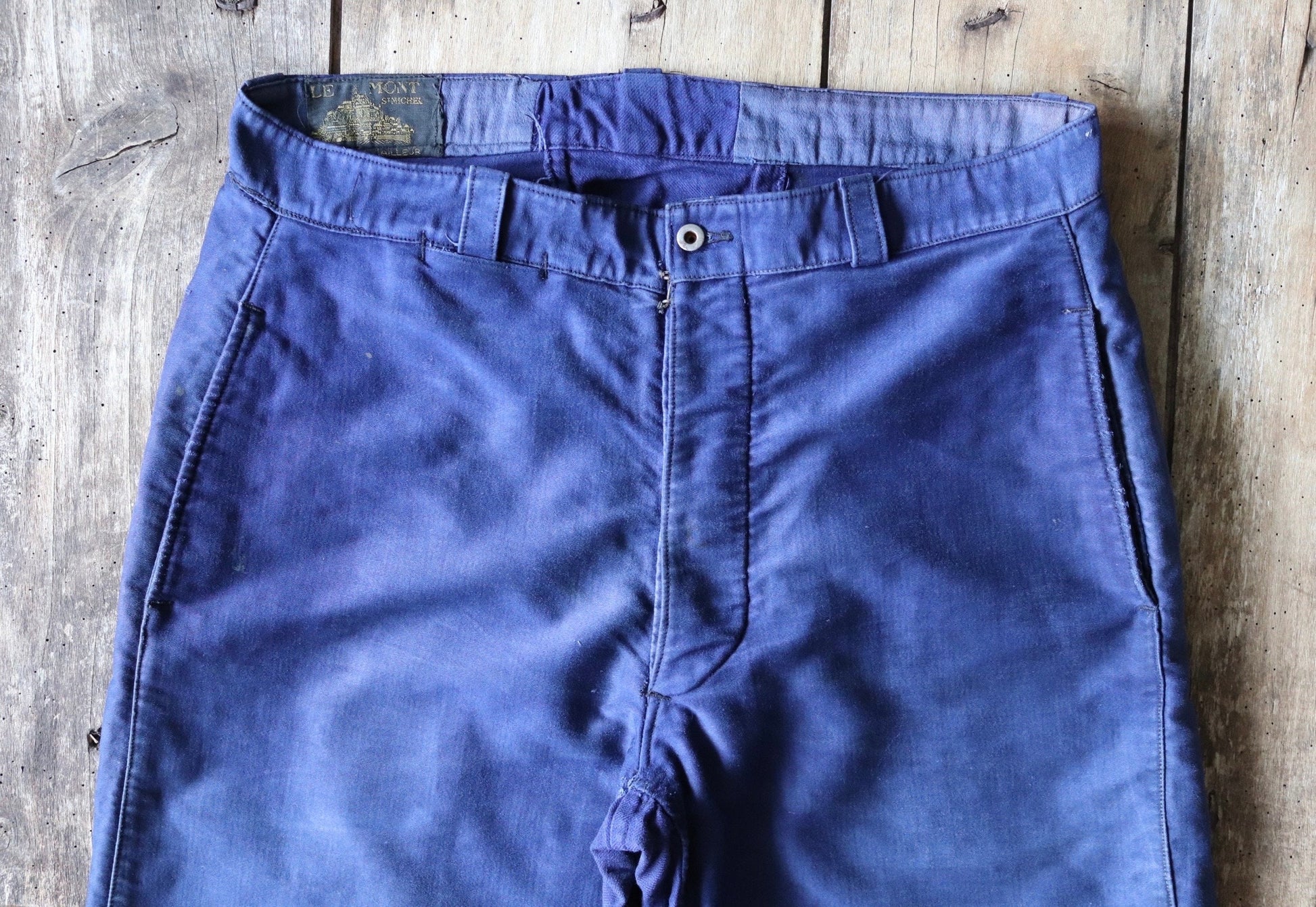 Vintage French workwear trousers pants Le Mont 1930s 1940s indigo blue moleskin cotton work chore 34” x 24”