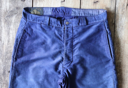 Vintage French workwear trousers pants Le Mont 1930s 1940s indigo blue moleskin cotton work chore 34” x 24”