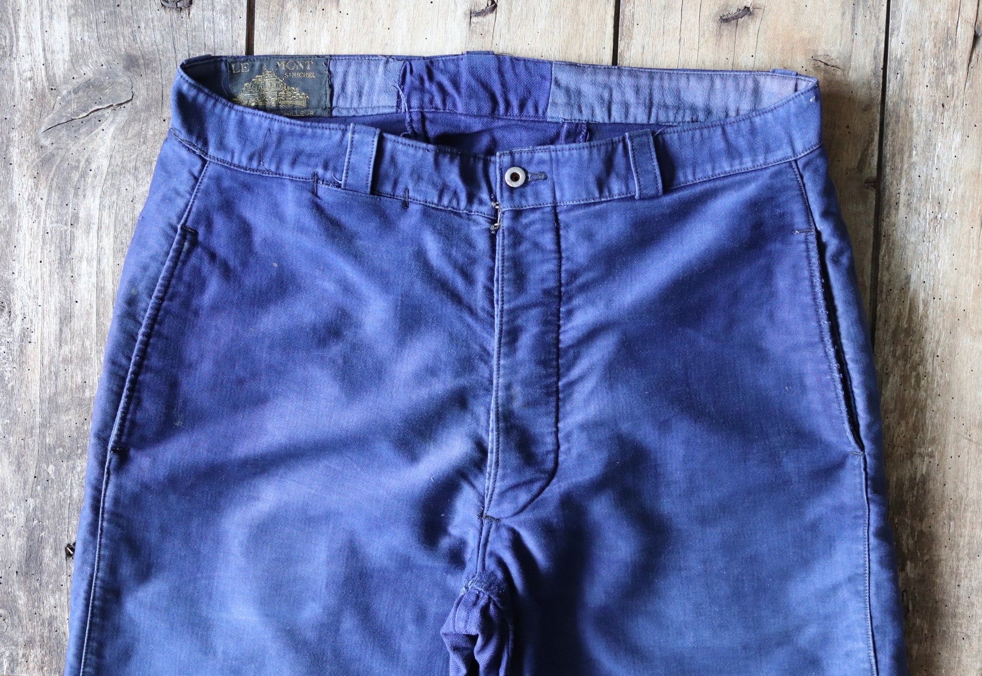 Vintage French workwear trousers - Le Mont St Michel chore pants - 1930s 40s blue moleskin cotton - 34” x 24”