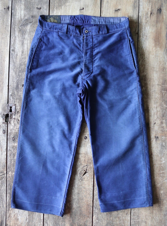 Vintage French workwear trousers pants Le Mont 1930s 1940s indigo blue moleskin cotton work chore 34” x 24”
