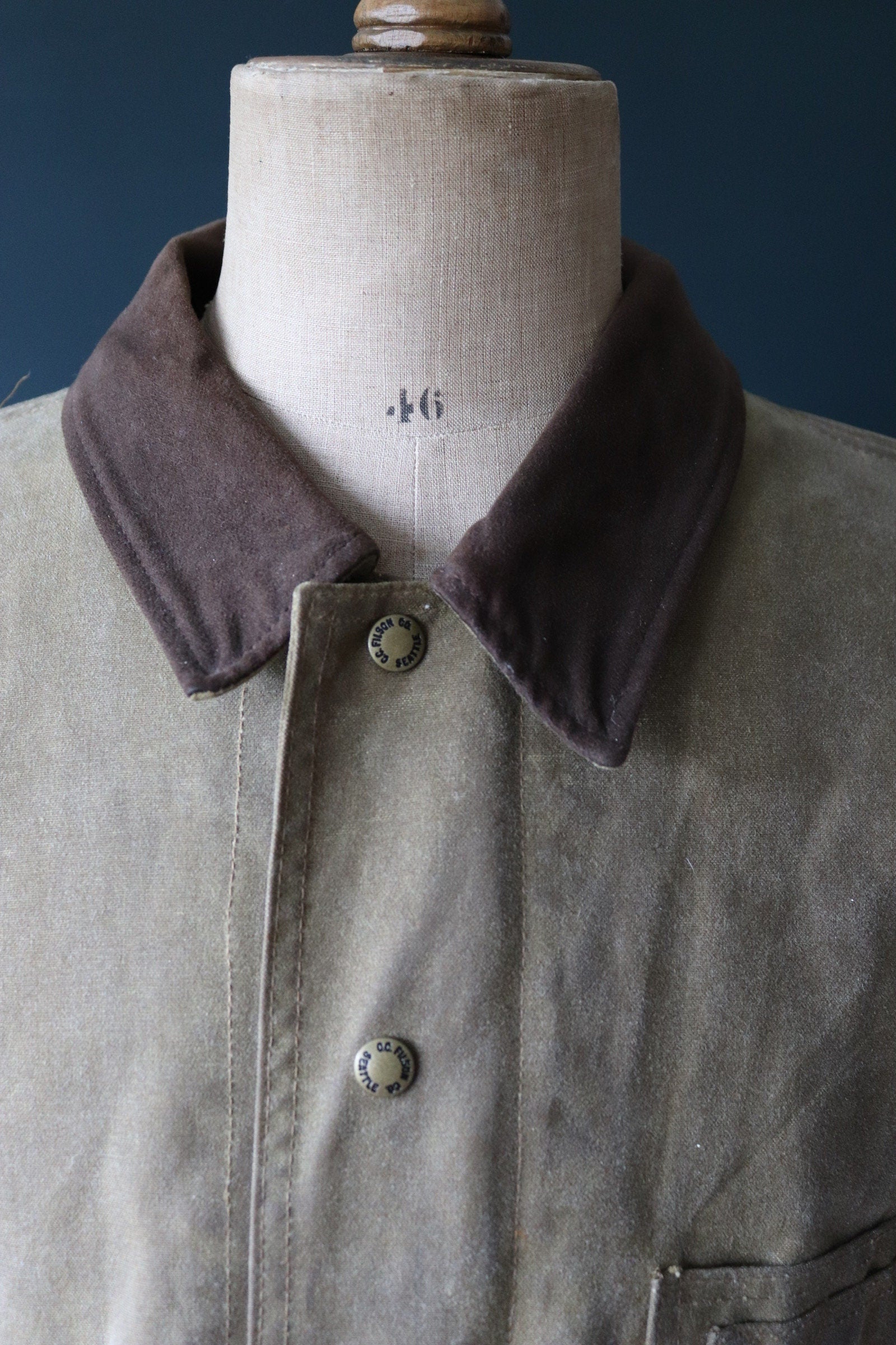 Vintage CC Filson tin cloth waxed jacket 57” chest workwear work chore waterproof made in USA moleskin