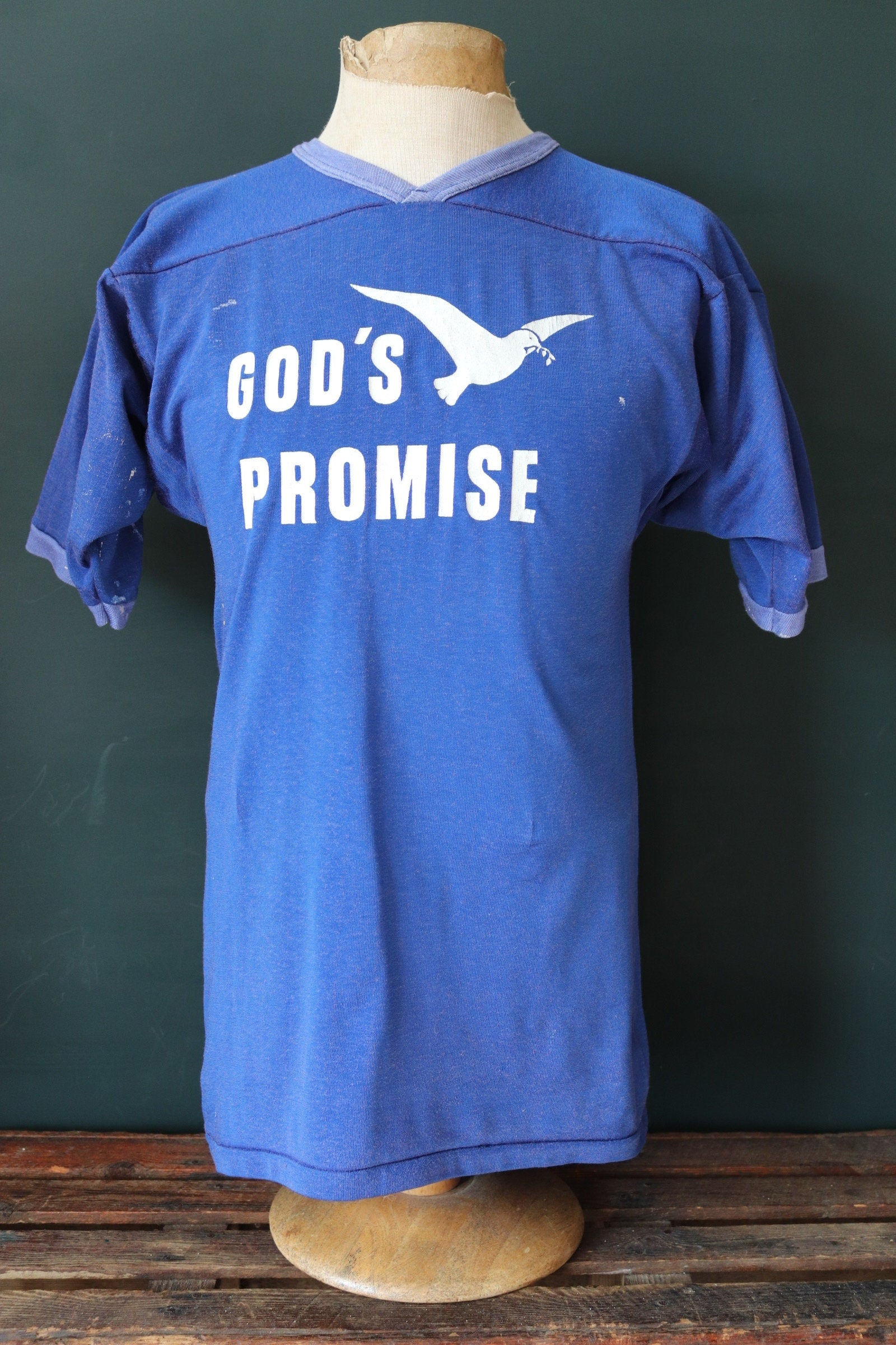 Vintage 1970s 70s 1980s 80s Gods Promise blue nylon durene shirt sports sportswear ringer 36” chest football sportswear sports