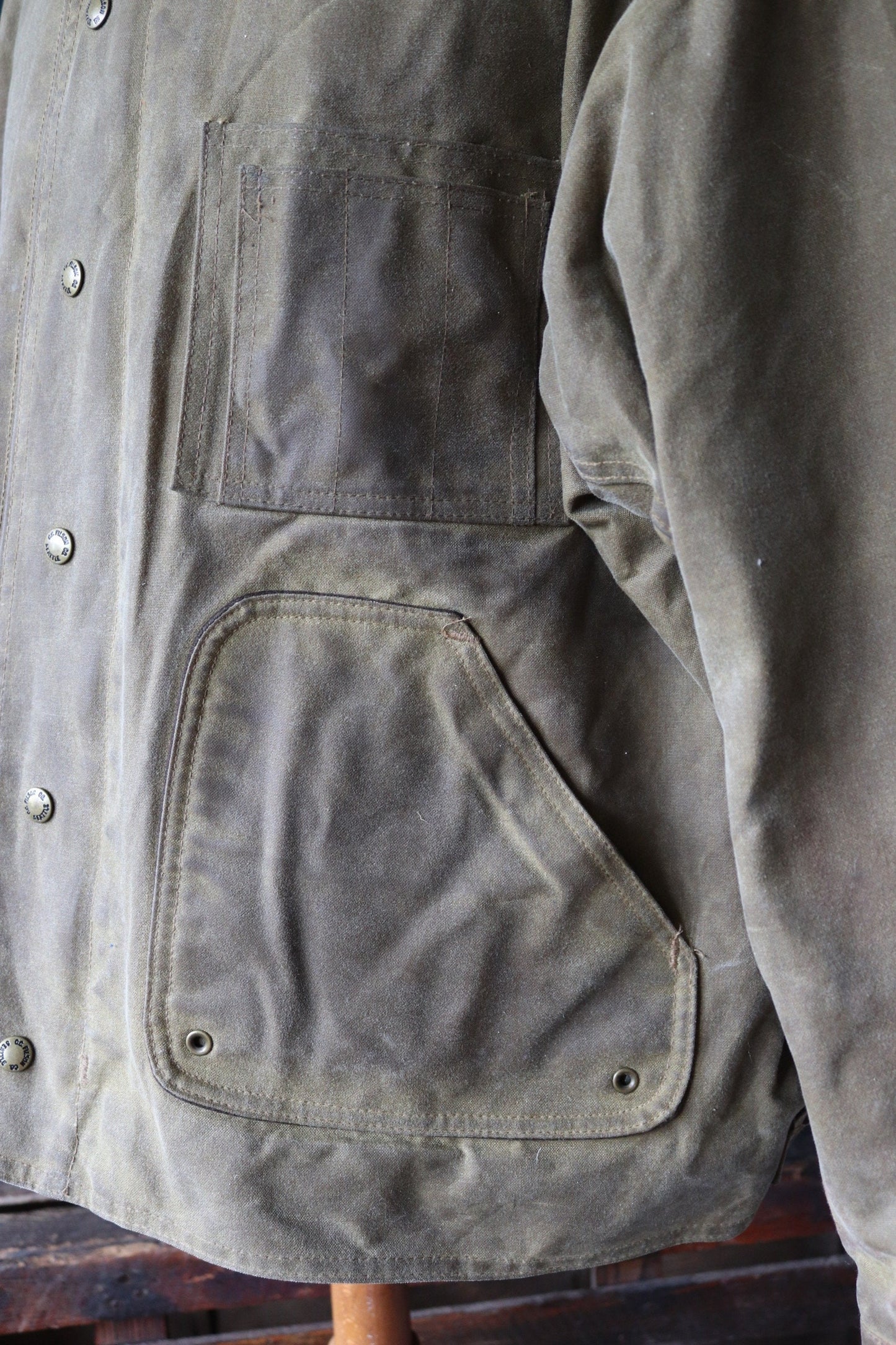 Vintage CC Filson tin cloth waxed jacket 57” chest workwear work chore waterproof made in USA moleskin