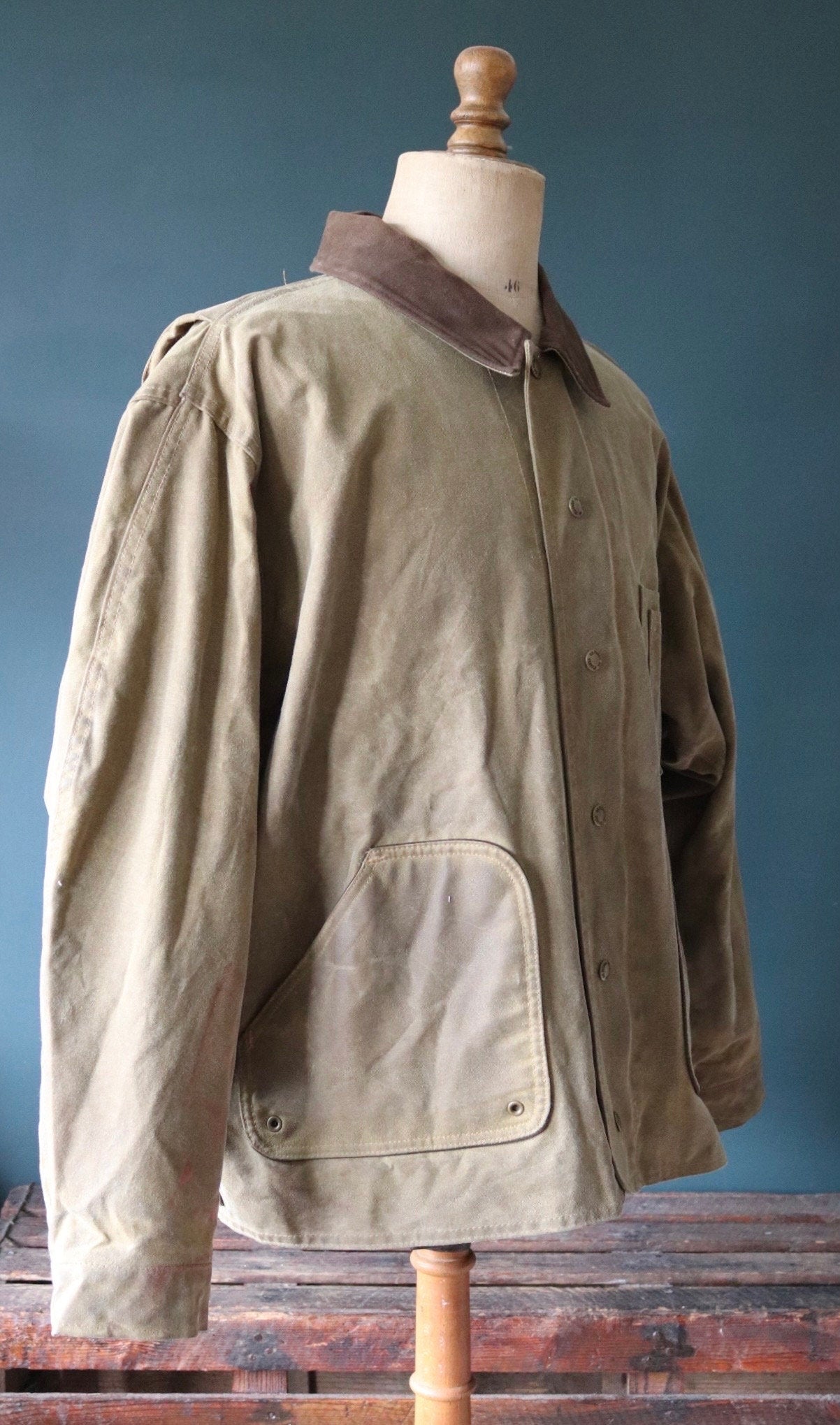 Vintage CC Filson tin cloth waxed jacket 57” chest workwear work chore waterproof made in USA moleskin