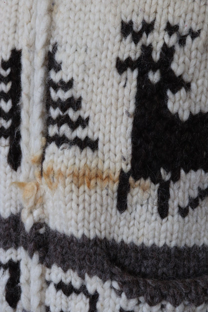 Vintage 1980s 80s 1990s 90s Kanata knitted wool cowichan sweater cardigan jumper knit stag deer cream brown shawl collar 40” chest