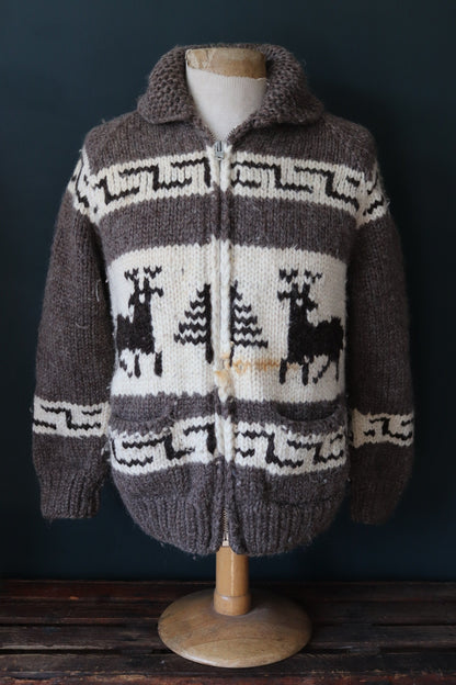 Vintage 1980s 80s 1990s 90s Kanata knitted wool cowichan sweater cardigan jumper knit stag deer cream brown shawl collar 40” chest