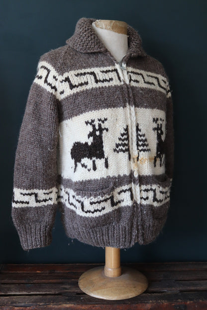 Vintage 1980s 80s 1990s 90s Kanata knitted wool cowichan sweater cardigan jumper knit stag deer cream brown shawl collar 40” chest