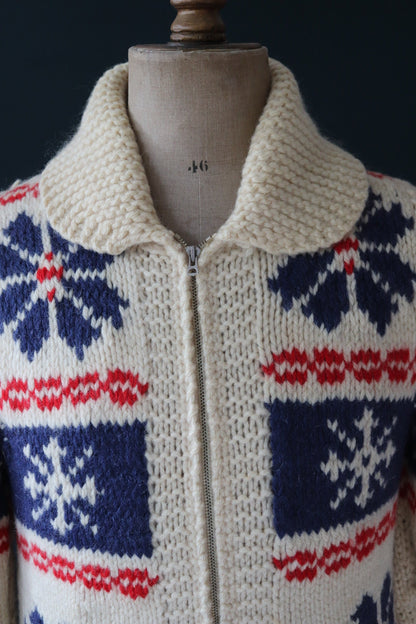 Vintage 1960s 60s hand knitted wool cowichan sweater cardigan jumper knit snowflake cream blue red shawl collar 38” chest Lightning