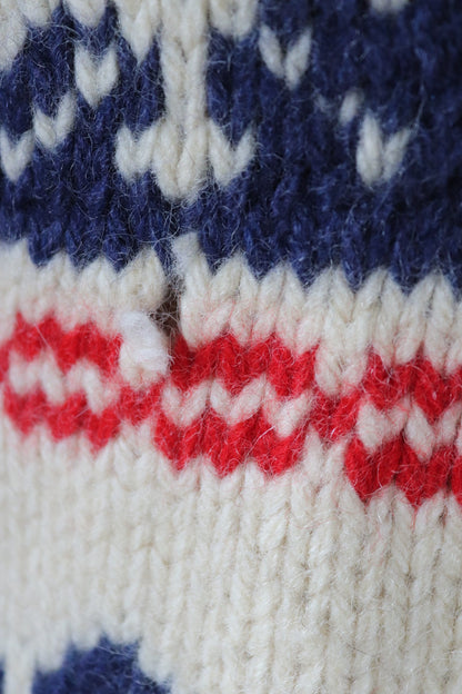 Vintage 1960s 60s hand knitted wool cowichan sweater cardigan jumper knit snowflake cream blue red shawl collar 38” chest Lightning