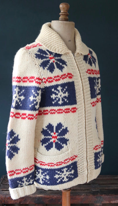 Vintage 1960s 60s hand knitted wool cowichan sweater cardigan jumper knit snowflake cream blue red shawl collar 38” chest Lightning