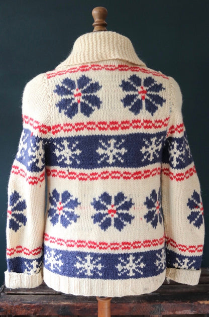 Vintage 1960s 60s hand knitted wool cowichan sweater cardigan jumper knit snowflake cream blue red shawl collar 38” chest Lightning