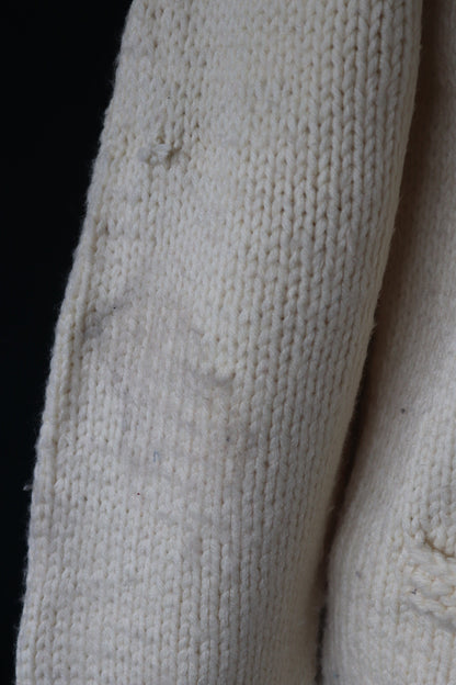Vintage 1970s 70s hand knitted cream acrylic cowichan sweater cardigan jumper novelty hand made knit wave pattern shawl collar 41” chest