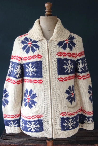 Vintage 1960s 60s hand knitted wool cowichan sweater cardigan jumper knit snowflake cream blue red shawl collar 38” chest Lightning