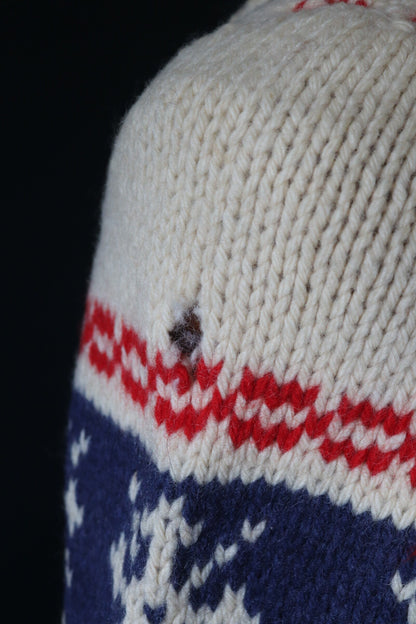 Vintage 1960s 60s hand knitted wool cowichan sweater cardigan jumper knit snowflake cream blue red shawl collar 38” chest Lightning