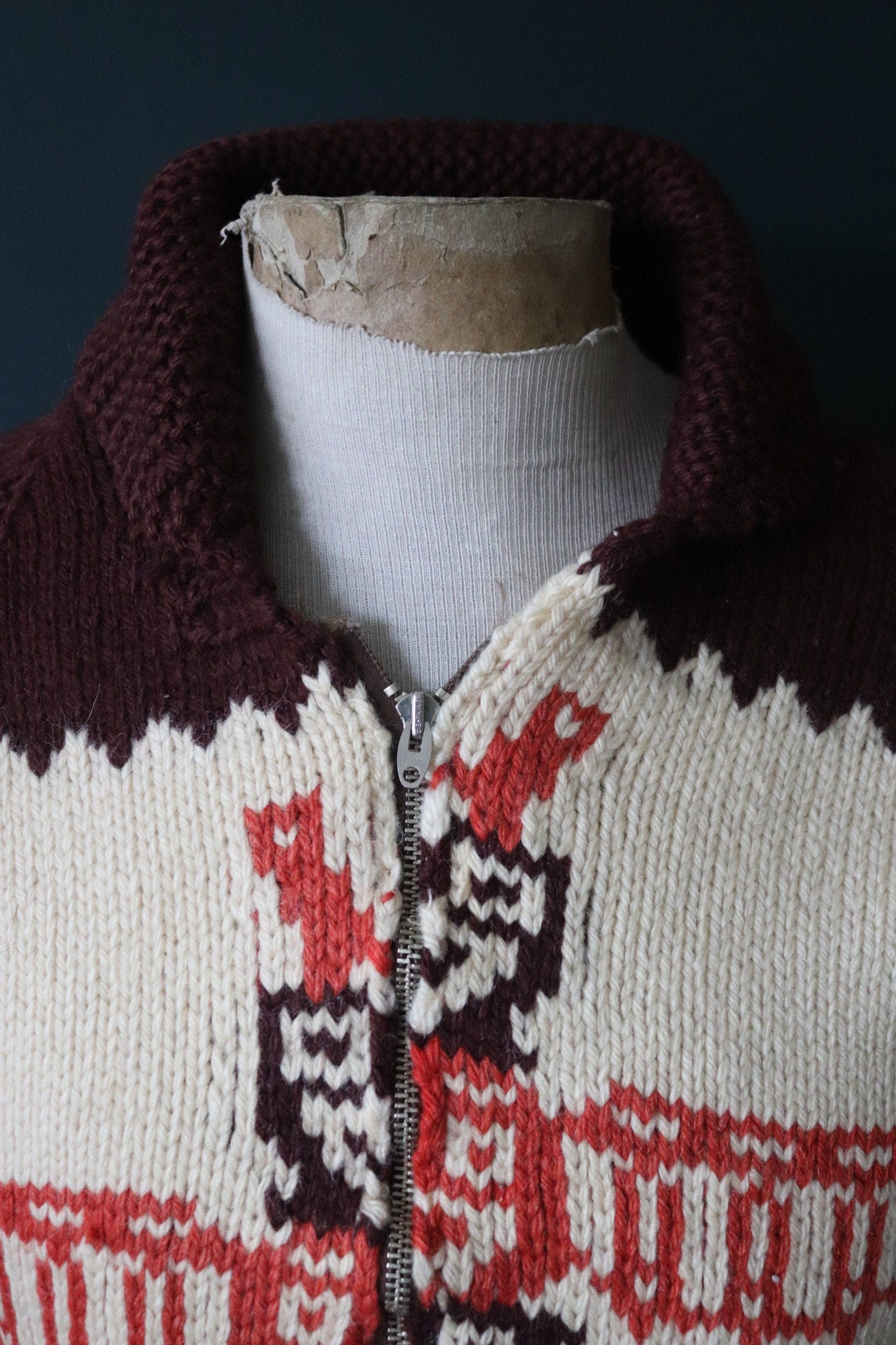 Vintage 1960s 60s hand knitted novelty Totem thick wool cowichan sweater cardigan jumper knit Lightning zipper shawl collar 36” chest
