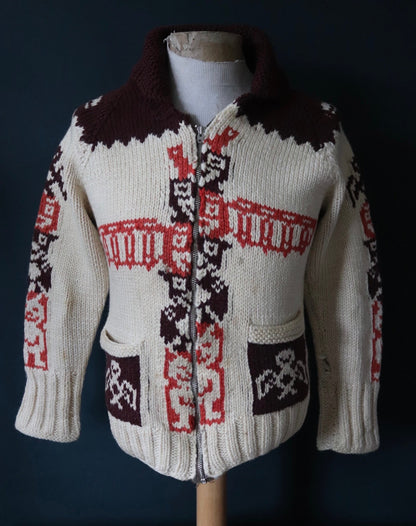 Vintage 1960s 60s hand knitted novelty Totem thick wool cowichan sweater cardigan jumper knit Lightning zipper shawl collar 36” chest
