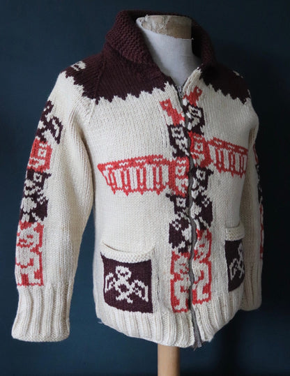 Vintage 1960s 60s hand knitted novelty Totem thick wool cowichan sweater cardigan jumper knit Lightning zipper shawl collar 36” chest