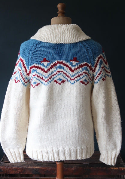 Vintage 1970s 70s hand knitted cream acrylic cowichan sweater cardigan jumper novelty hand made knit wave pattern shawl collar 41” chest
