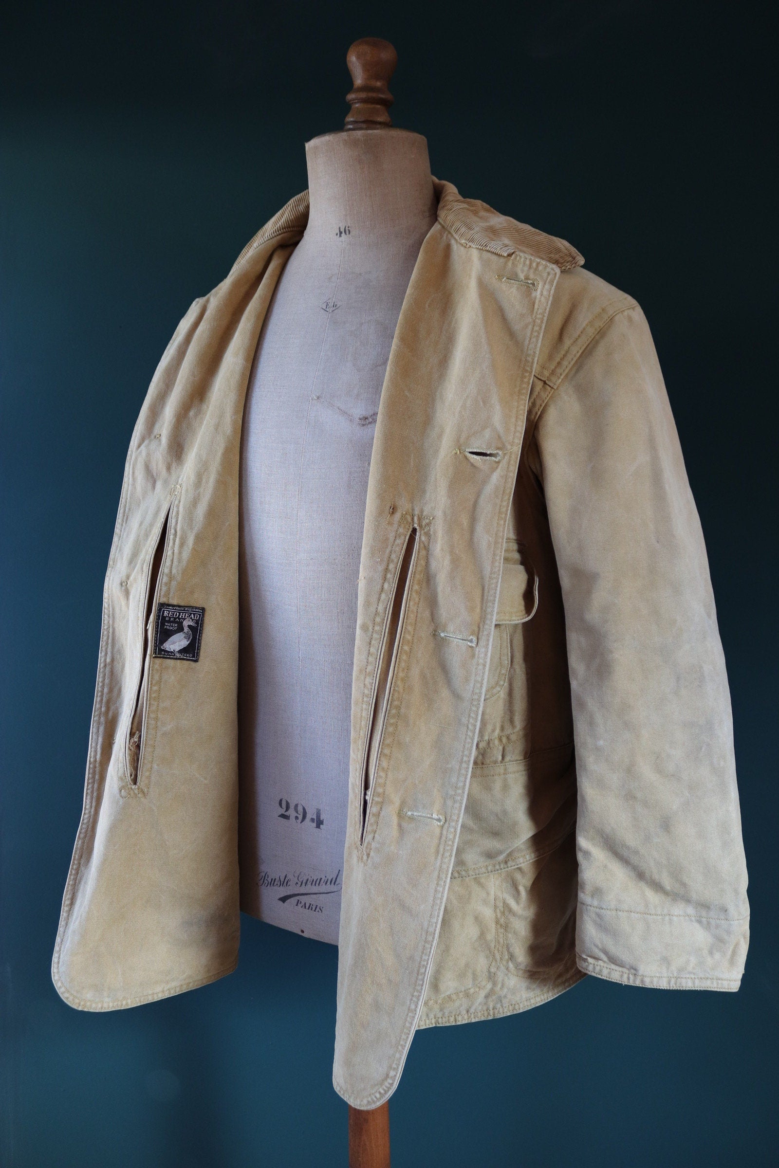 Vintage 1920s 20s 1930s 30s tin cloth duck cotton canvas hunting shooting jacket 48” chest Red Head American workwear work chore