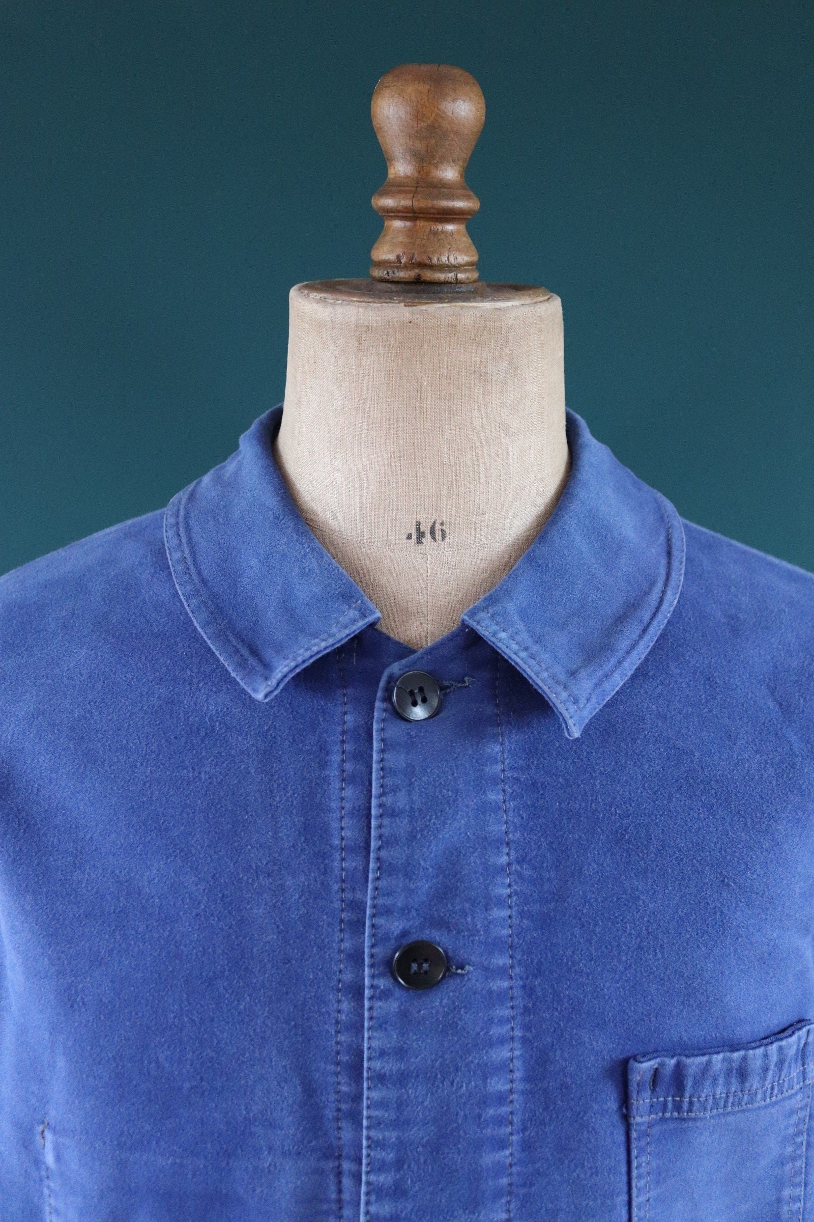 Vintage French blue jacket moleskin work workwear chore faded 47” chest bleu de travail Dumont D’Urville