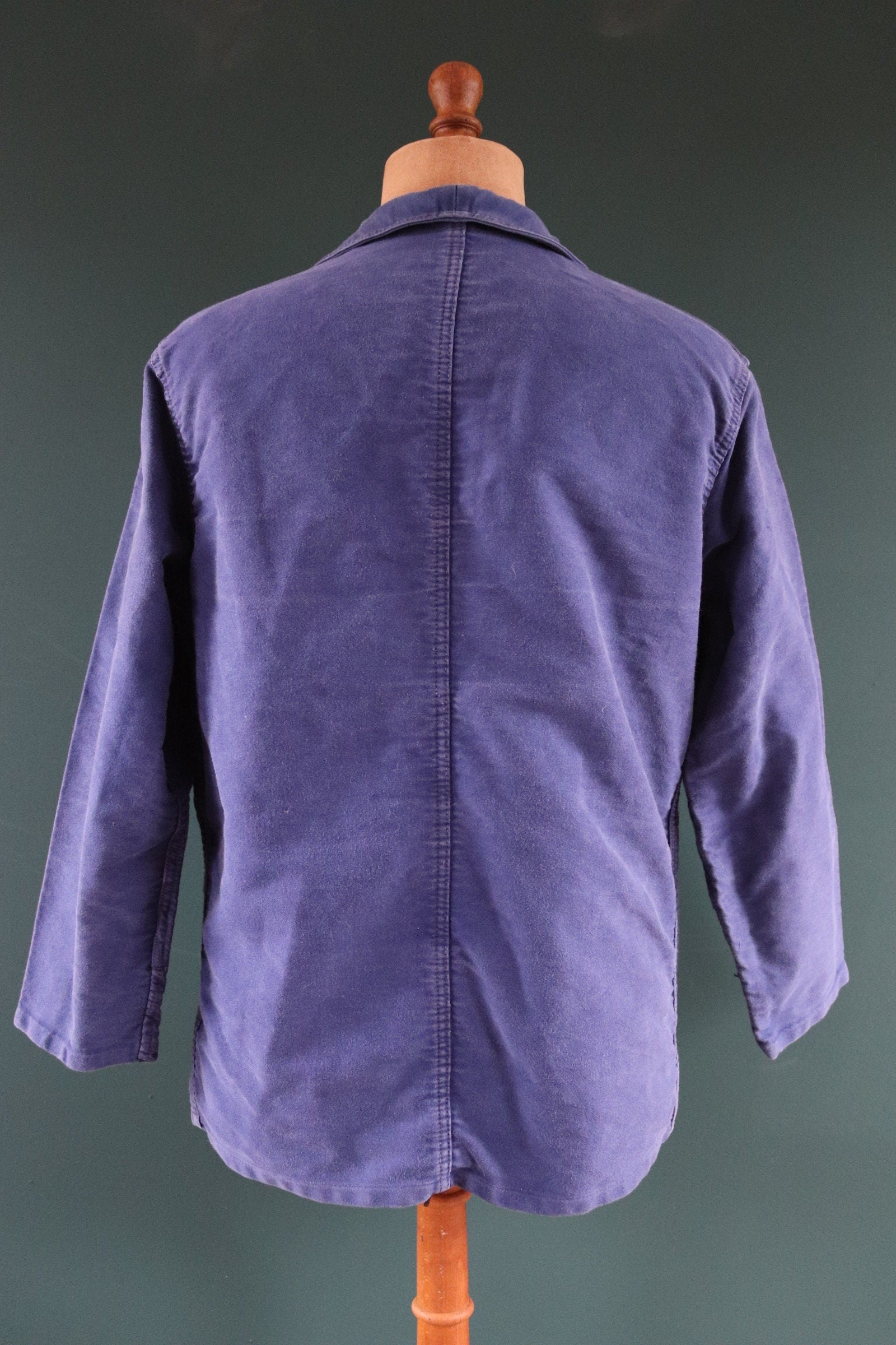 Vintage French blue jacket moleskin work workwear chore faded 47” chest bleu de travail Dumont D’Urville