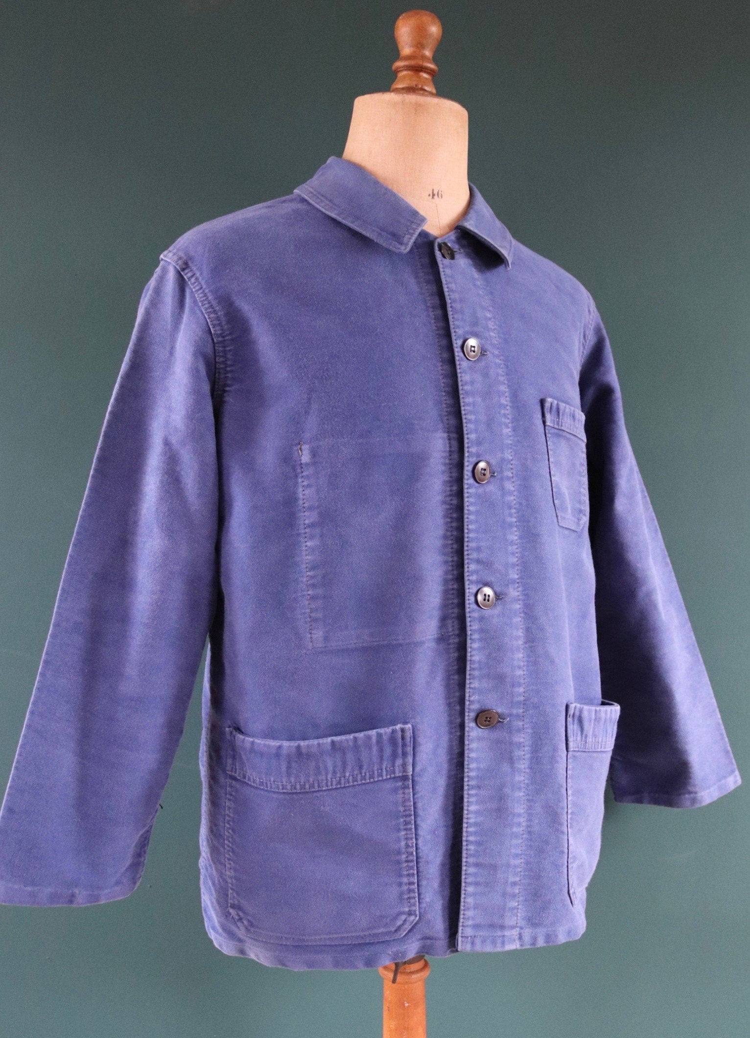 Vintage French blue jacket moleskin work workwear chore faded 47” chest bleu de travail Dumont D’Urville