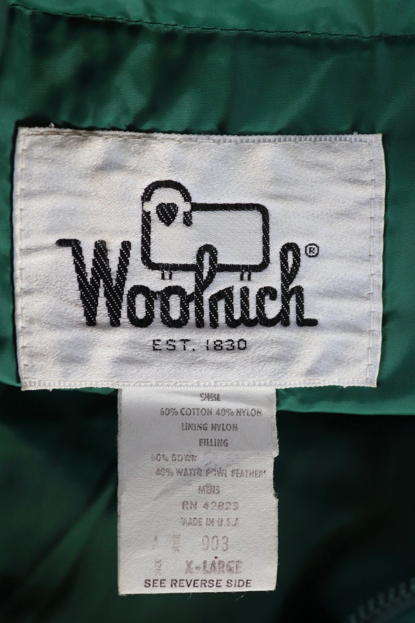 Vintage 1980s 80s green Woolrich padded puffer gilet down feather vest waistcoat trucker windbreaker winter insulated 52" chest