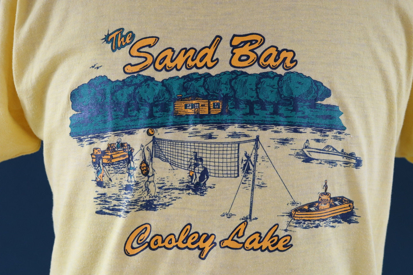 Vintage 1980s 80s yellow 50/50 Screen Stars Sand Bar beach tourist print sports sportswear t shirt 42” chest