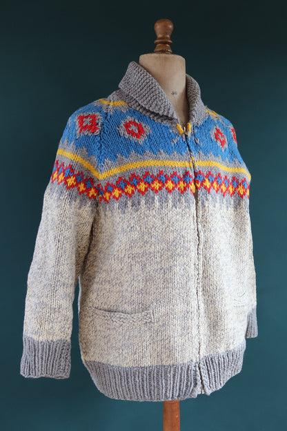 Vintage 1960s 60s hand knitted grey blue red marl thick wool cowichan sweater cardigan jumper knit zipper shawl collar 45” chest