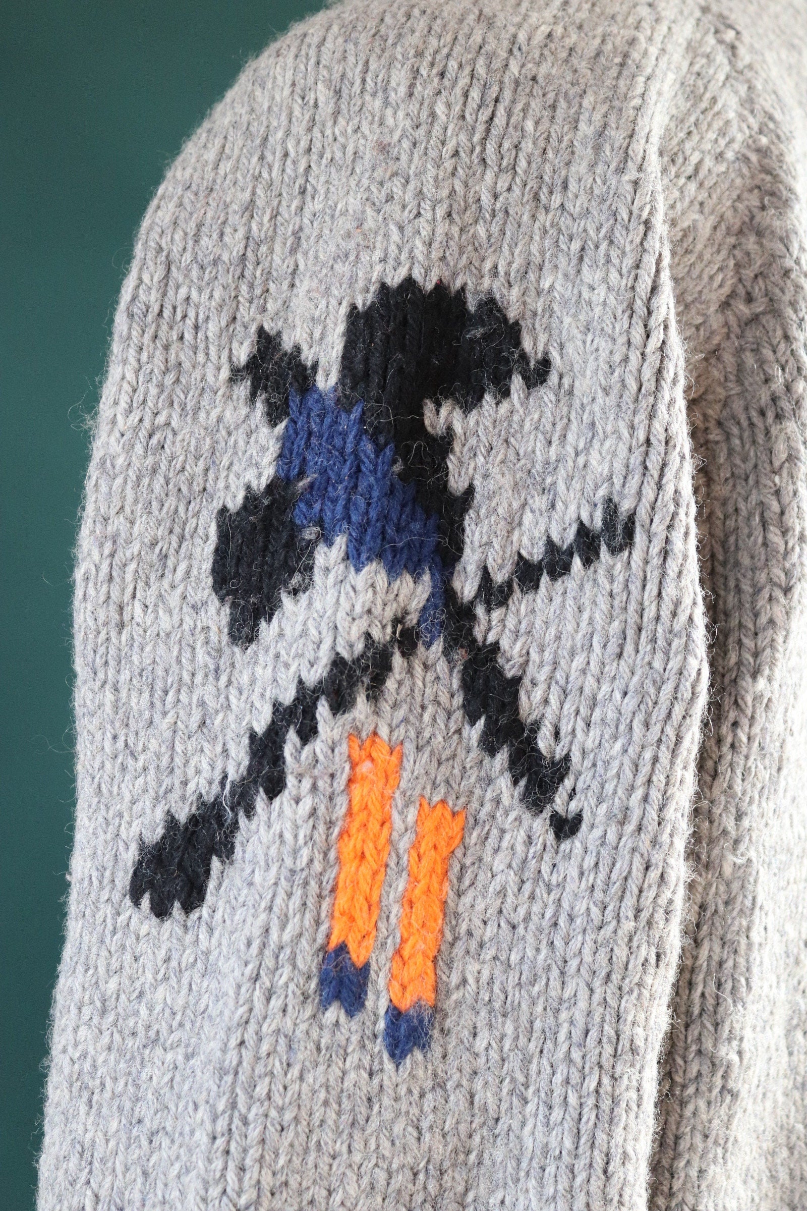 Vintage 1960s 60s hand knitted grey blue orange thick wool cowichan sweater cardigan jumper knit zipper shawl collar 50” chest