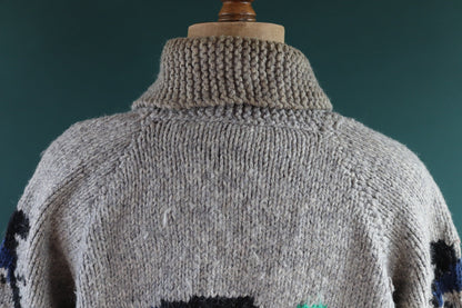 Vintage 1960s 60s hand knitted grey blue orange thick wool cowichan sweater cardigan jumper knit zipper shawl collar 50” chest