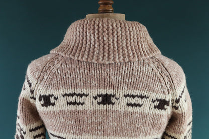 Vintage 1960s 60s hand knitted cream brown thick wool cowichan sweater cardigan jumper knit Lightning zipper shawl collar 38” chest