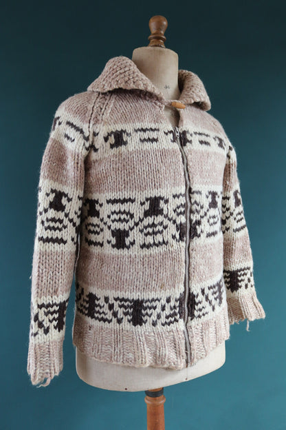 Vintage 1960s 60s hand knitted cream brown thick wool cowichan sweater cardigan jumper knit Lightning zipper shawl collar 38” chest