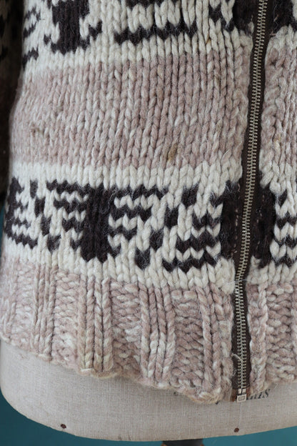 Vintage 1960s 60s hand knitted cream brown thick wool cowichan sweater cardigan jumper knit Lightning zipper shawl collar 38” chest
