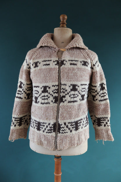 Vintage 1960s 60s hand knitted cream brown thick wool cowichan sweater cardigan jumper knit Lightning zipper shawl collar 38” chest