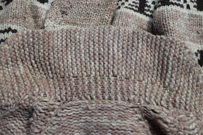Vintage 1960s 60s hand knitted cream brown thick wool cowichan sweater cardigan jumper knit Lightning zipper shawl collar 38” chest