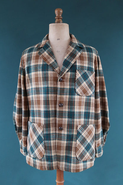 Vintage Pendleton wool 49er Topster jacket shirt brown green tartan plaid checked surf Ivy League style mod 46” chest