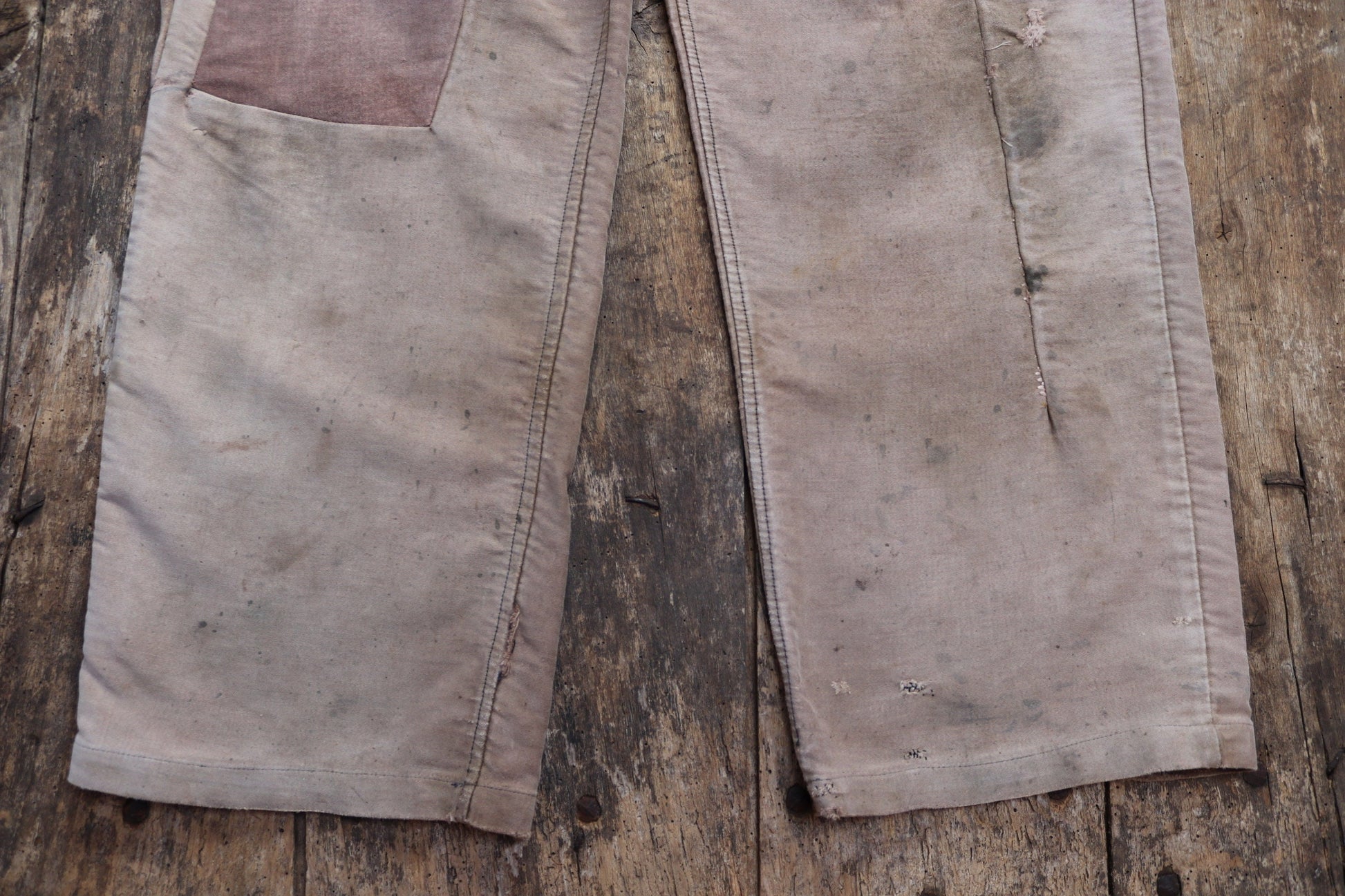 Vintage 1950s French workwear dungarees overalls Le Mont St Michel brown moleskin work chore patched repaired darned 40” 41” 42” x 28”