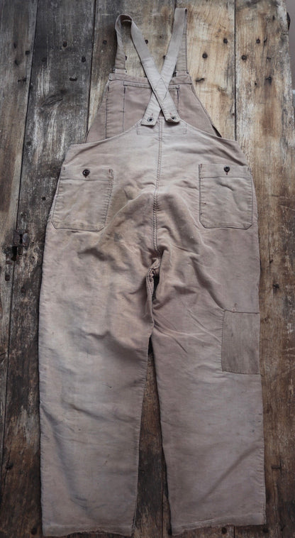 Vintage 1950s French workwear dungarees overalls Le Mont St Michel brown moleskin work chore patched repaired darned 40” 41” 42” x 28”