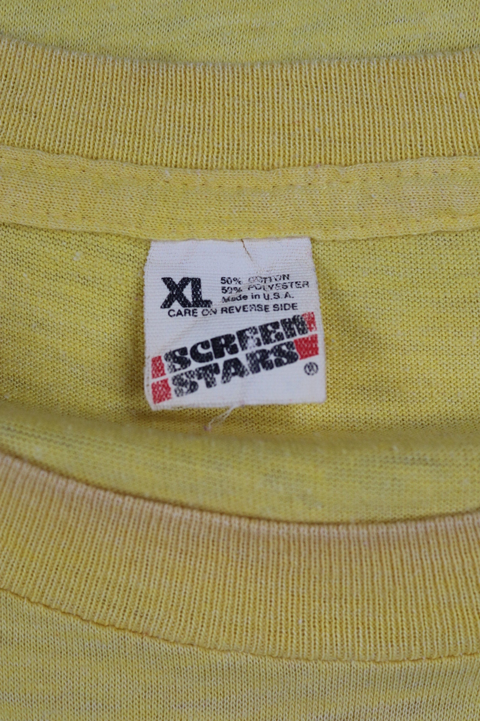 Vintage 1980s 80s yellow 50/50 Screen Stars Sand Bar beach tourist print sports sportswear t shirt 42” chest