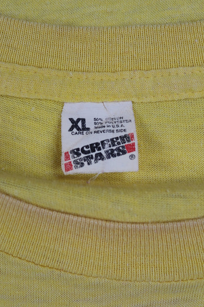 Vintage 1980s 80s yellow 50/50 Screen Stars Sand Bar beach tourist print sports sportswear t shirt 42” chest