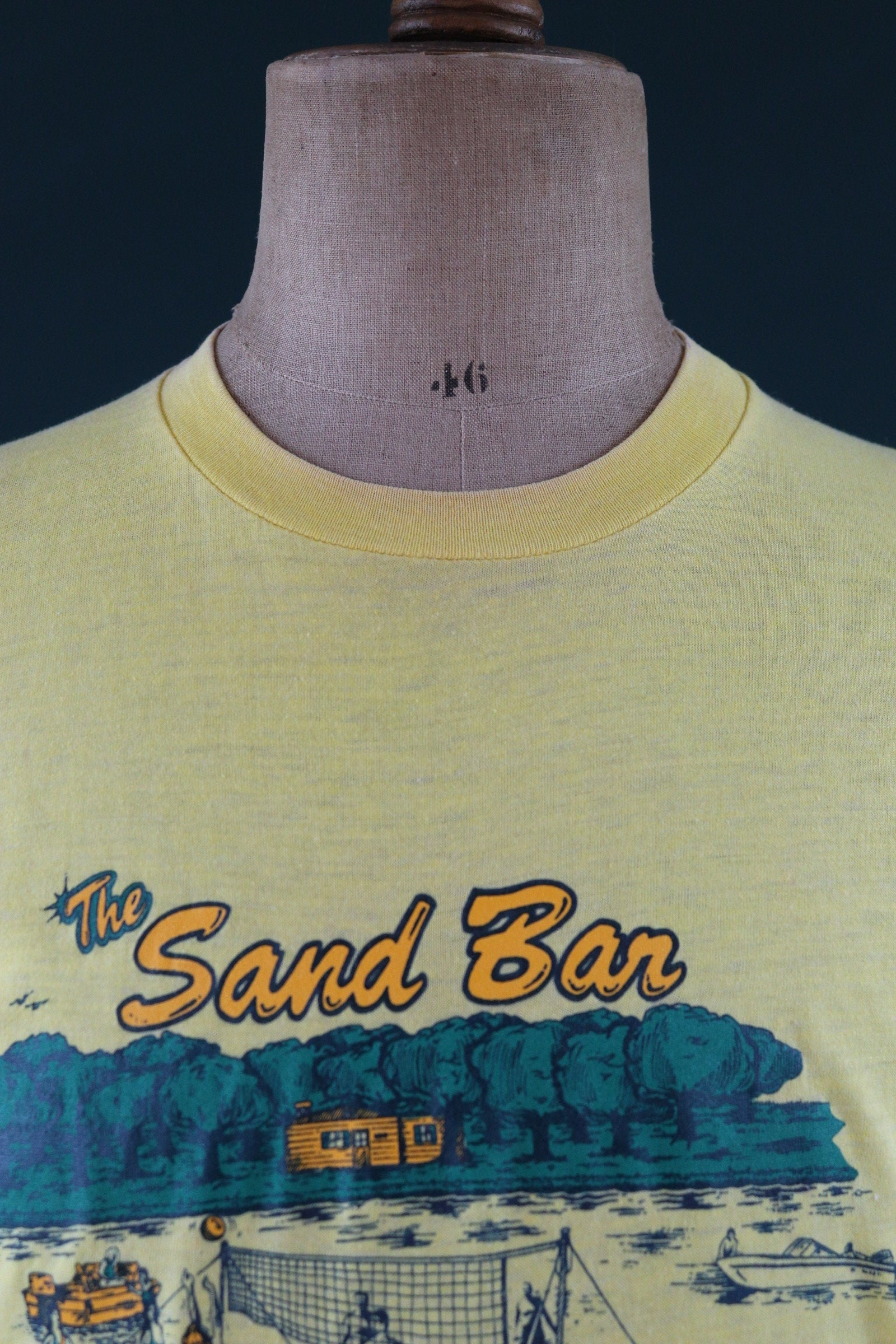 Vintage 1980s yellow t shirt - Screen Stars - Sand Bar beach tourist print - sportswear - 42” chest