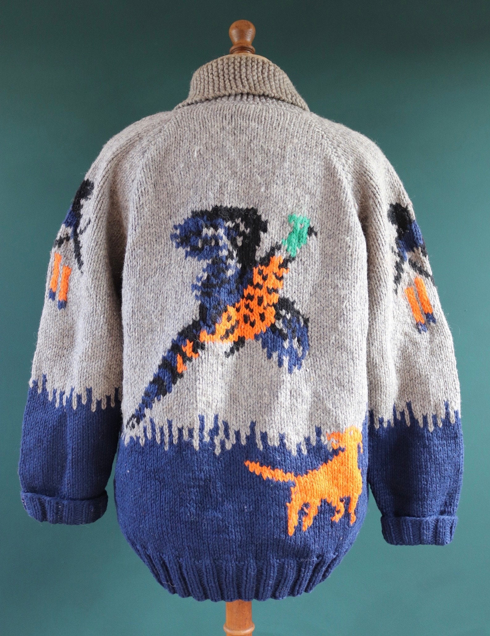 Vintage 1960s 60s hand knitted grey blue orange thick wool cowichan sweater cardigan jumper knit zipper shawl collar 50” chest